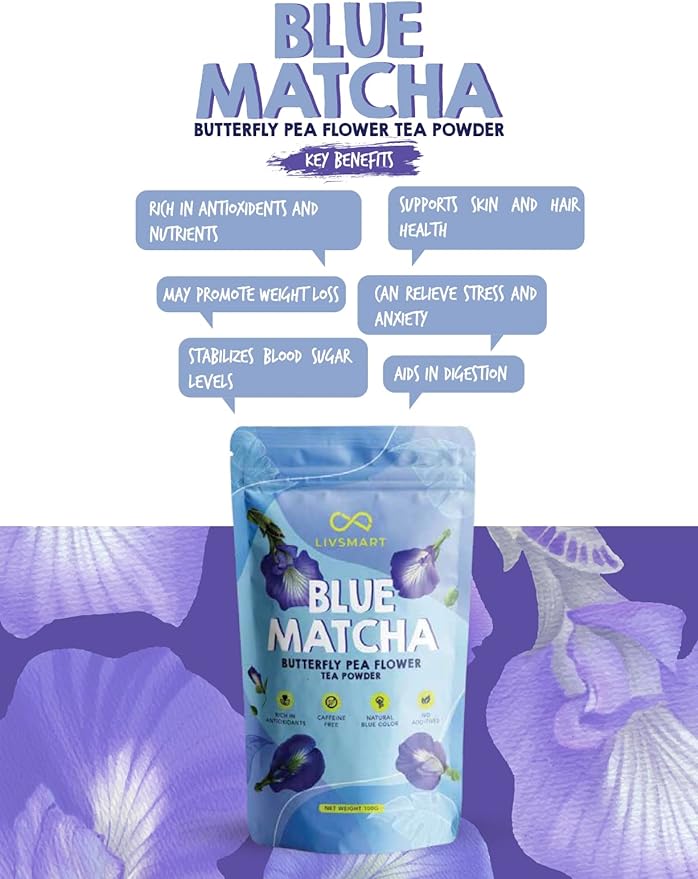 LIVSMART Blue Matcha, Butterfly Pea Flower Tea Powder, 100g - Vegan, Natural