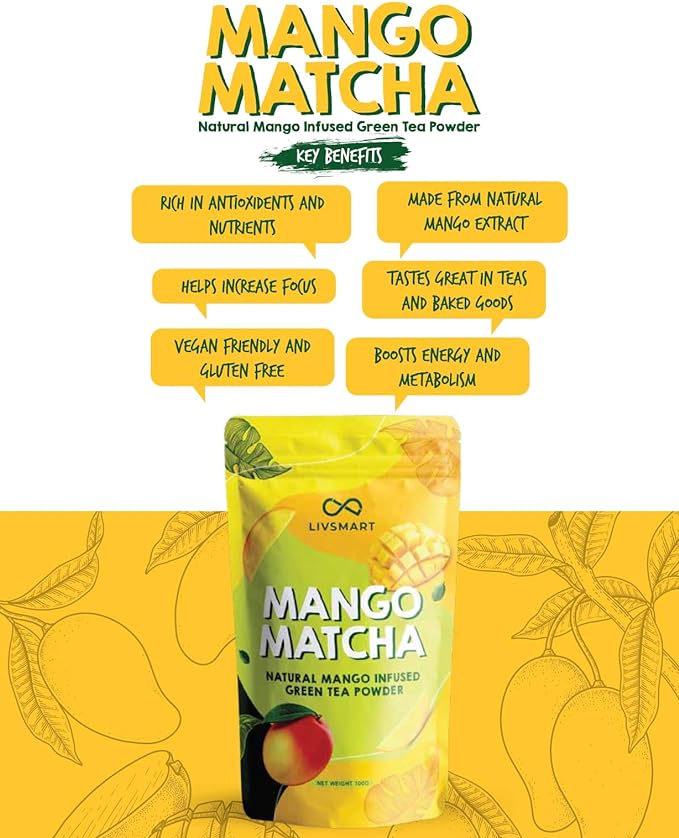 LIVSMART Mango Matcha, Natural Mango Infused Green Tea Powder, 100g - Vegan, Gluten Free