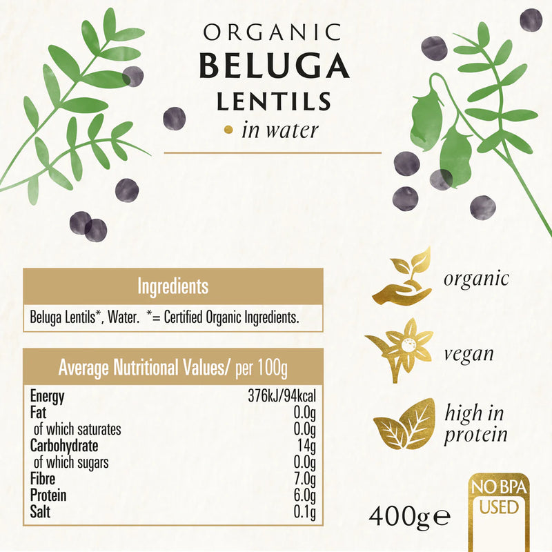 BIONA ORGANIC Beluga Lentils - Pack of 6 (400g each)