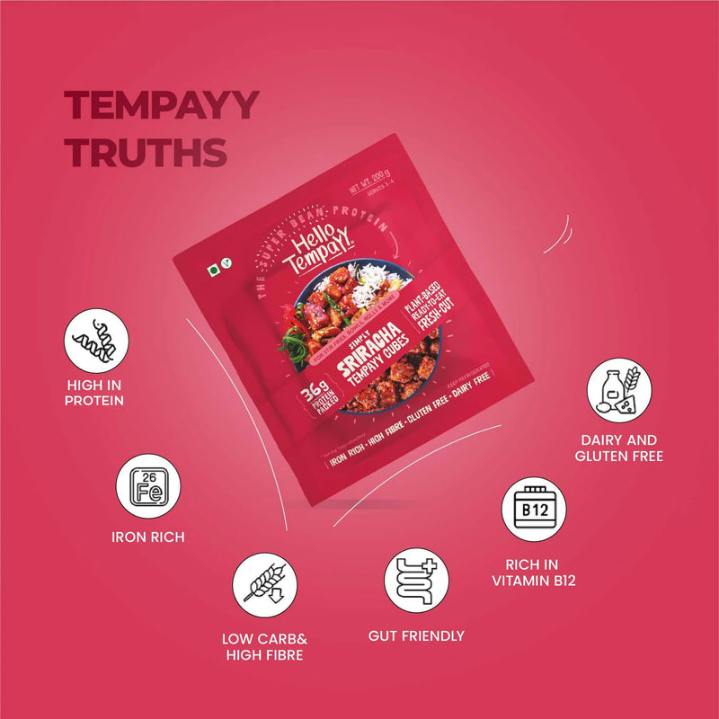 HELLO TEMPAYY Simply Sriracha Tempeh Cubes, 200g - Vegan, Gluten Free