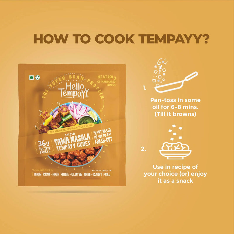 HELLO TEMPAYY Spiced Tawa Masala Tempeh Cubes, 200g - Vegan, Gluten Free