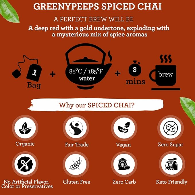 GREENY PEEPS Organic Pure Spiced Chai, 40g - Organic, Vegan, Gluten Free, Keto Friendly