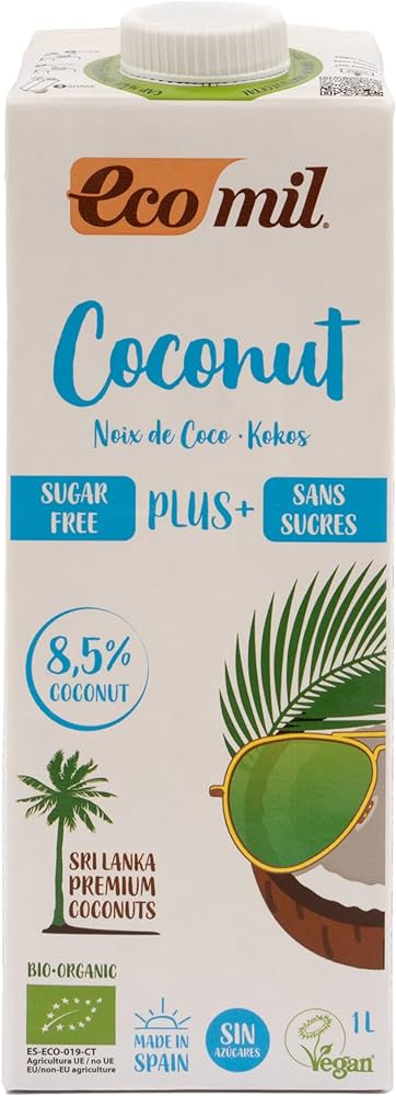 ECOMIL Coconut Milk Sugar Free Calcium, 1Ltr - Organic, Vegan, Gluten Free, Sugar Free