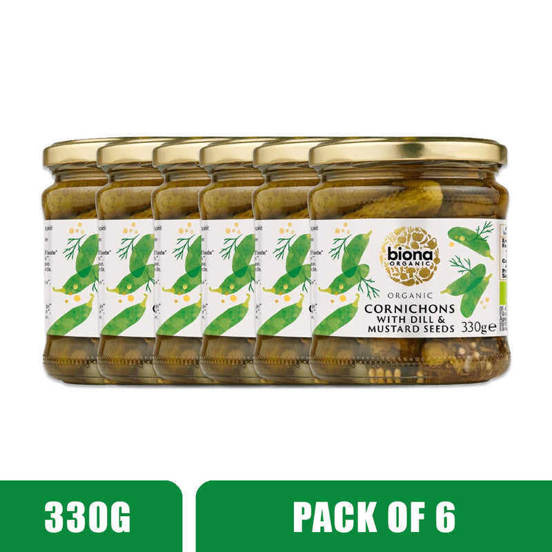 BIONA ORGANIC Cornichons With Dill & Mustard Seeds - Pack of 6 (330ml each)