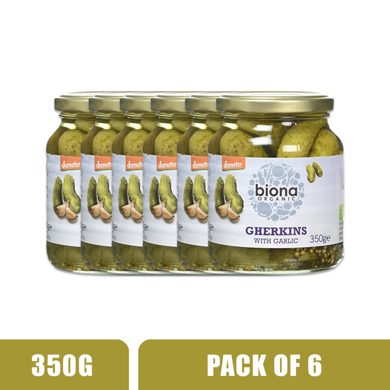 BIONA ORGANIC Demeter Gherkins with Garlic - Pack of 6 (350g each)