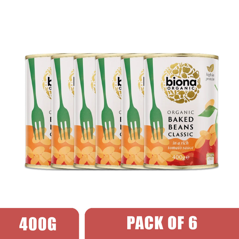 BIONA ORGANIC Baked Beans Classic in Rich Tomato Sauce - Pack of 6 (400g per piece)