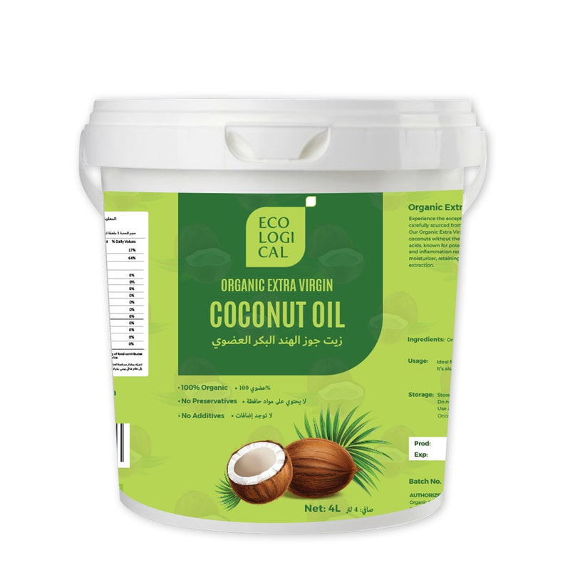 ECOLOGICAL Organic Extra Virgin Coconut Oil 4L - Cold Pressed, Unrefined and Pure Cooking Oil for a Healthy Living