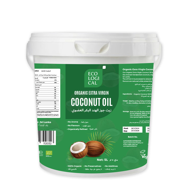 ECOLOGICAL Organic Extra Virgin Coconut Oil 5L - Cold Pressed, Unrefined and Pure Cooking Oil for a Healthy Living