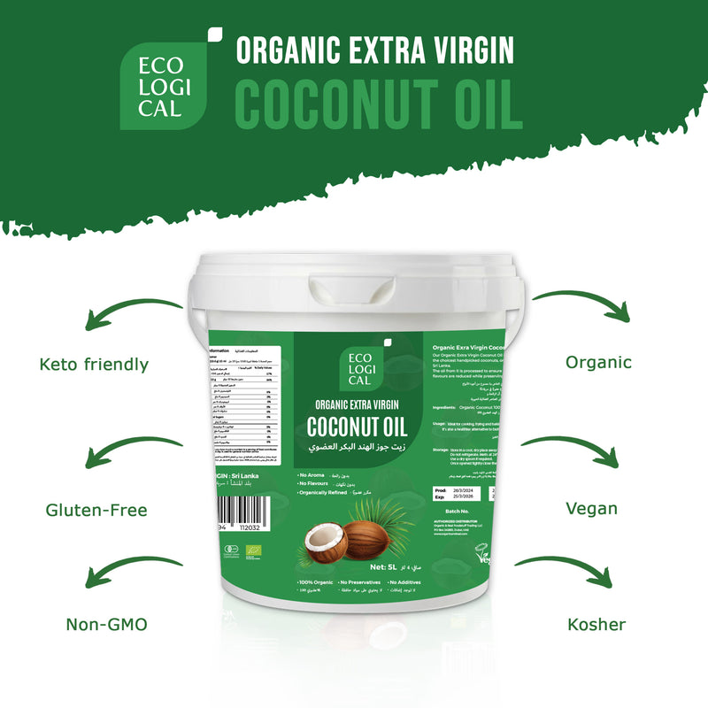 ECOLOGICAL Organic Extra Virgin Coconut Oil 5L - Cold Pressed, Unrefined and Pure Cooking Oil for a Healthy Living