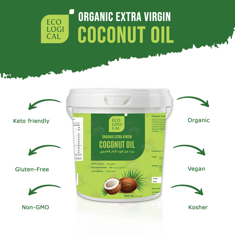 ECOLOGICAL Organic Extra Virgin Coconut Oil 4L - Cold Pressed, Unrefined and Pure Cooking Oil for a Healthy Living