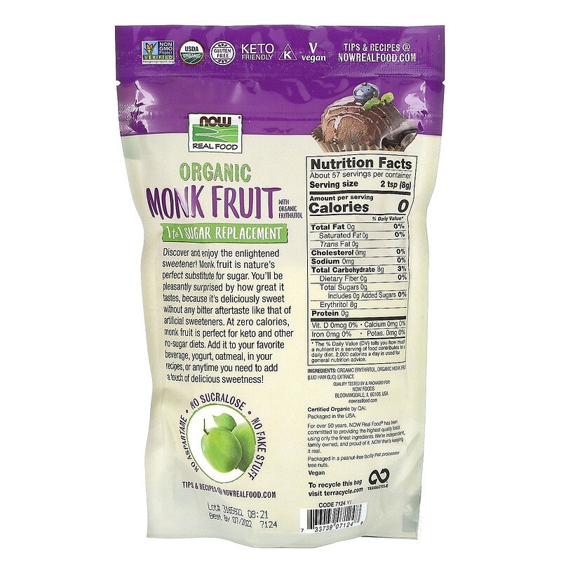 NOW FOODS Organic Monk Fruit with Erythritol 1-to-1 Sugar Replacement, 454g