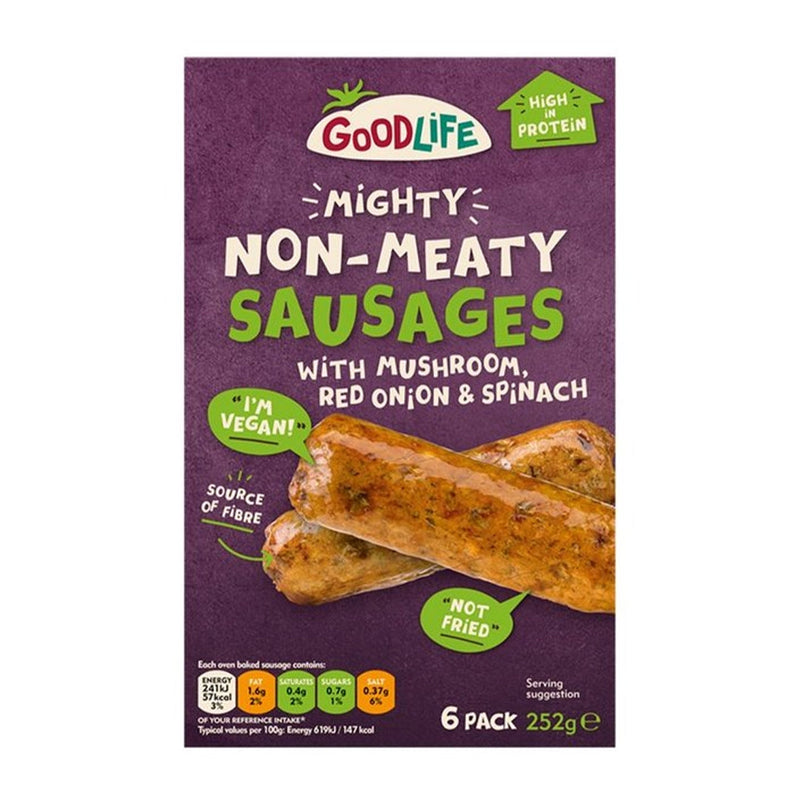 GOOD LIFE Mighty Non-Meaty Sausages With Mushroom, Red Onion & Spinach, 252g - Pack of 6