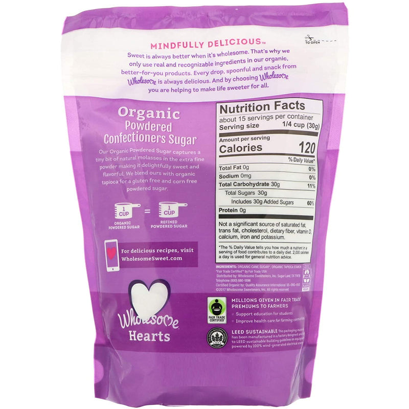 WHOLESOME Organic Powdered Confectioners Sugar Sweetener, 454g