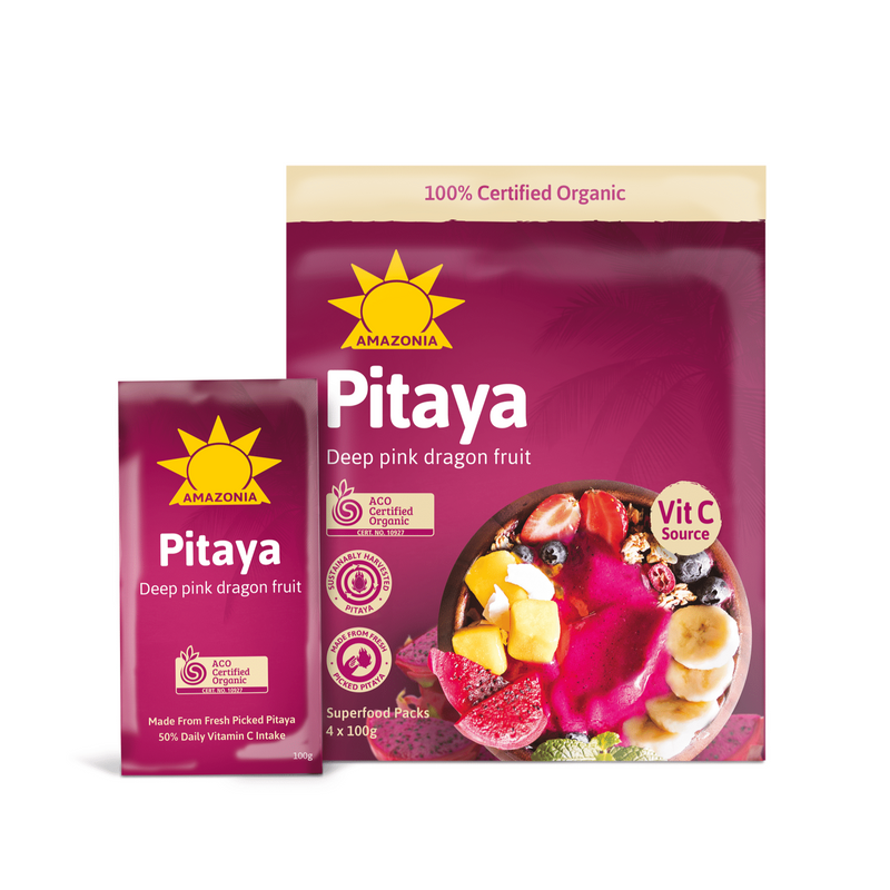 AMAZONIA Organic Deep Pink Dragon Fruit Pitaya Puree, 4Kg - Pack of 40, GMO Free, Gluten Free, Vegan
