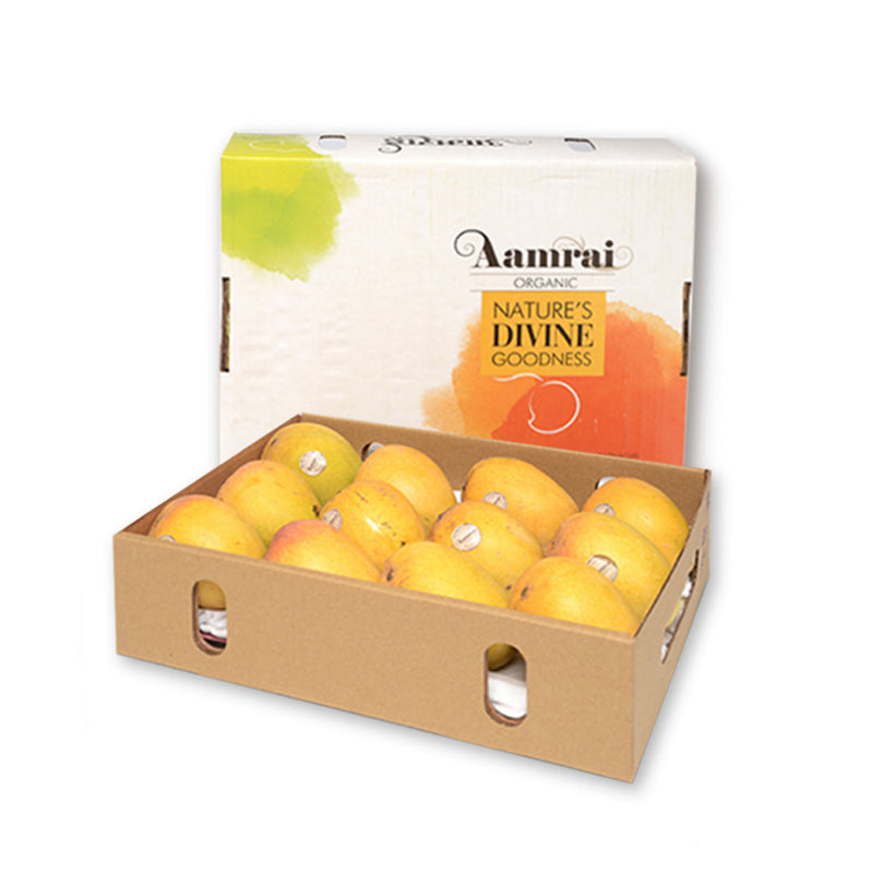AAMRAI Organic Alphonso Mangoes Golden, 2.5kg-3.0kg - Box of 12 Pcs, 1 Pc is 210g - 260g