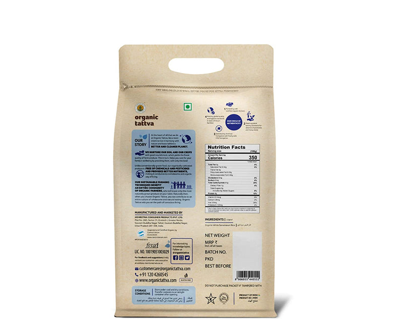 ORGANIC TATTAVA Organic White Sonamasuri Rice, 5Kg - Organic, Vegan, Gluten Free